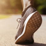 Close-up shot of a runner’s black and white shoes