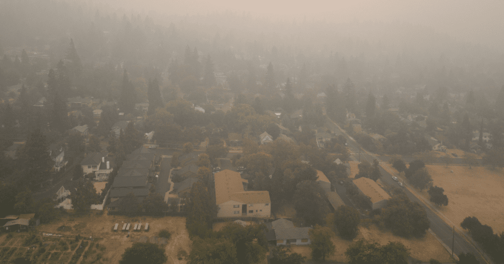 Aerial view of bad air quality from a forest fire