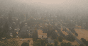 Aerial view of bad air quality from a forest fire
