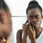 Young Black woman picking at skin in the mirror