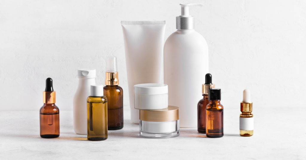 Array of skincare bottles and containers