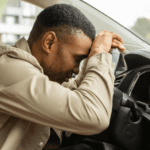 Black man in car, resting his head on the steering wheel