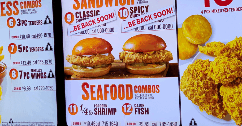Close-up of menu at a Popeyes restaurant