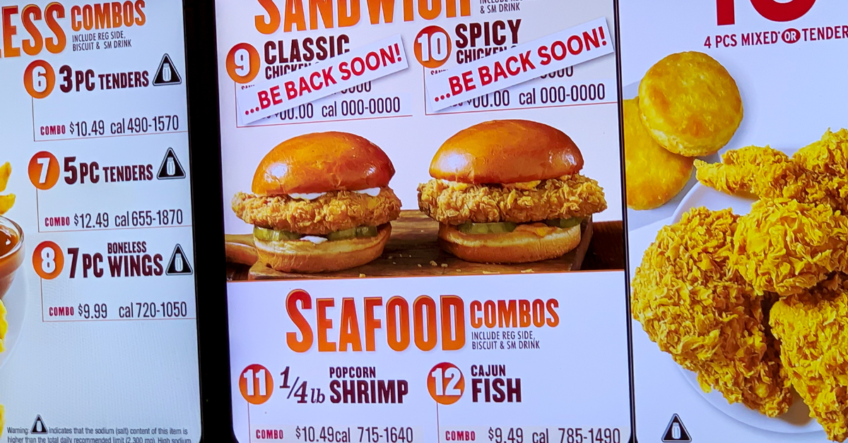 Close-up of menu at a Popeyes restaurant
