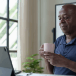 Older Black man sitting at his desk, looking at his tablet, while holding a pink mug