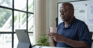 Older Black man sitting at his desk, looking at his tablet, while holding a pink mug