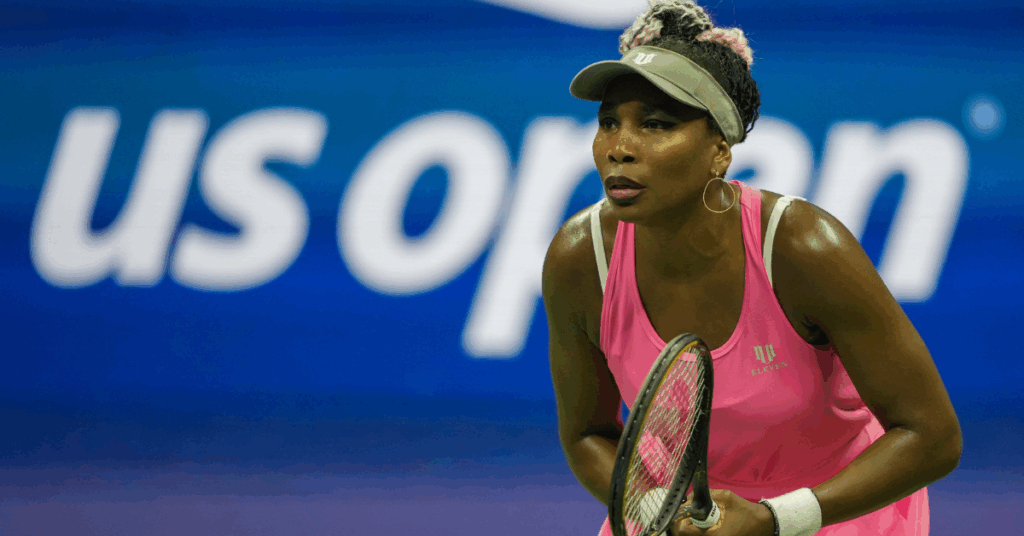 Closeup of Venus Williams holding a tennis racket during the US open