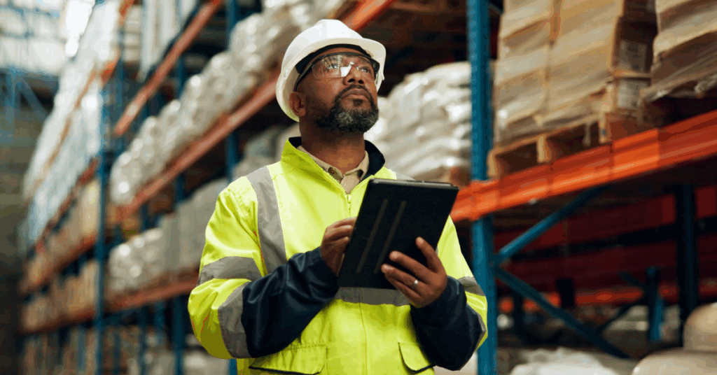 Black man in a hard hat, eye goggles, and yellow jacket, holding a tablet and looking up. There is a warehouse behind him, implying that he may be exposed to risk factors for lymphoma.