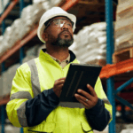 Black man in a hard hat, eye goggles, and yellow jacket, holding a tablet and looking up. There is a warehouse behind him, implying that he may be exposed to risk factors for lymphoma.