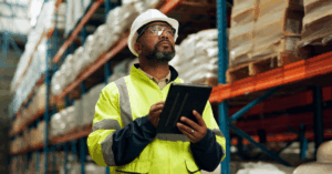 Black man in a hard hat, eye goggles, and yellow jacket, holding a tablet and looking up. There is a warehouse behind him, implying that he may be exposed to risk factors for lymphoma.