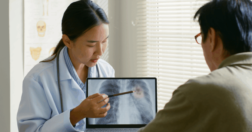 Female doctor showing patient an x-ray of his lungs, which indicate lung cancer