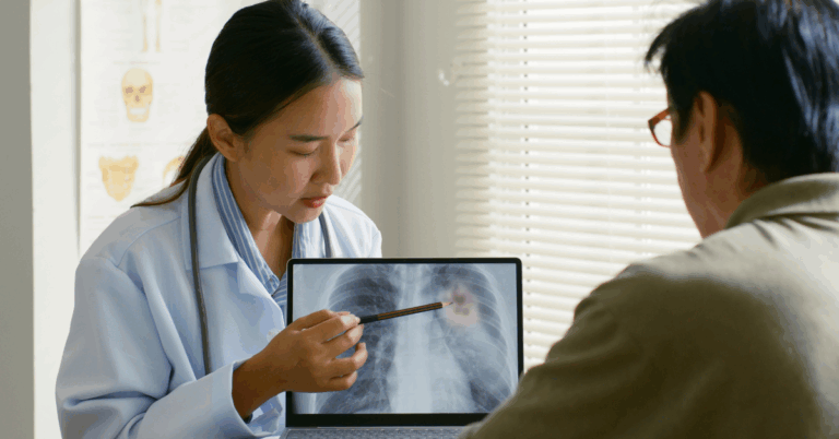 6 Breast Cancer Types You Should Learn About 2 Female doctor showing patient an x-ray of his lungs, which indicate lung cancer