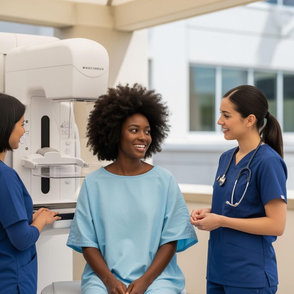 Young African American woman wearing a blue hospital gown talking to 2 female nurses with a mammogram machine in the background