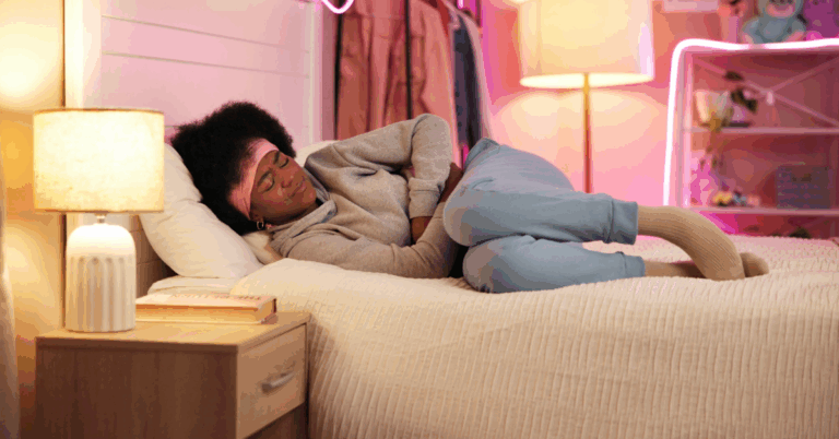 6 Signs You May Have Breast Cancer 1 Young Black woman in a gray sweatshirt and blue joggers, laying in bed, crutching her stomach in pain; likely due to a UC flare-up