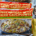 Close-up of frozen Spicy Mexican-Style Riced Cauliflower meal at Trader Joe’s