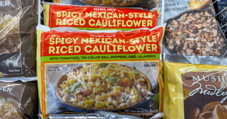 Close-up of frozen Spicy Mexican-Style Riced Cauliflower meal at Trader Joe’s