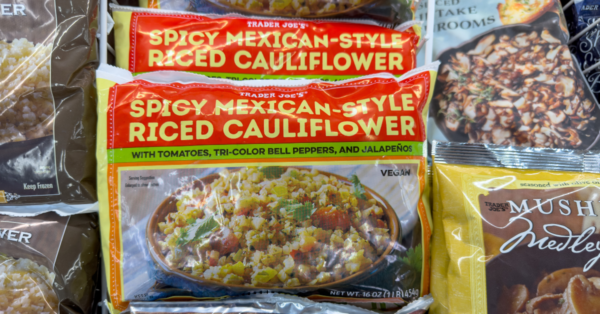 Close-up of frozen Spicy Mexican-Style Riced Cauliflower meal at Trader Joe’s