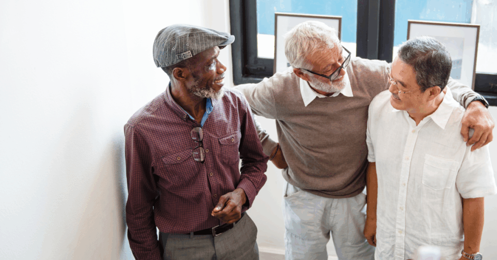 Happy diverse group of senior men laughing with their hands around each other. They are over the age of 40 indicating that they should care for their prostate health.