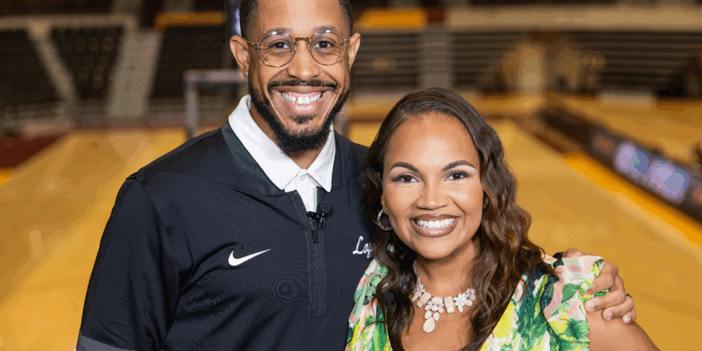 Jordan McCann, Assistant Women’s Basketball Coach and Recruiting Director at Loyola University and Tiffany Whitlow, co-founder and CDO, Acclinate standing on a basketball court.