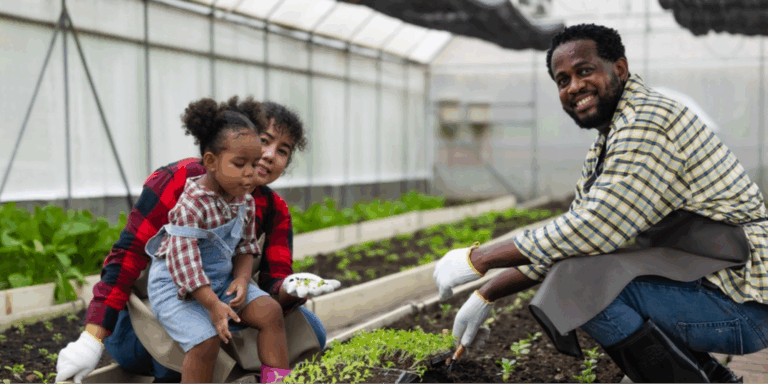 A multiracial family engaging in affordable gardening practices to reduce environmental toxins.