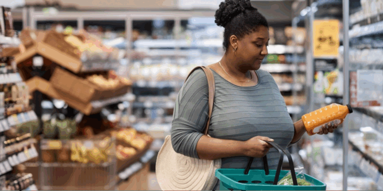 A Black woman making a healthy food swap to lower blood pressure by carefully checking the label on a bottle of juice at the grocery store.