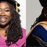 Two photos of Dr. Janell Green Smith, midwife and Black maternal health advocate, side-by-side wearing a black graduation cap and embroidered pink medical scrubs.