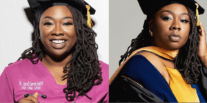Two photos of Dr. Janell Green Smith, midwife and Black maternal health advocate, side-by-side wearing a black graduation cap and embroidered pink medical scrubs.