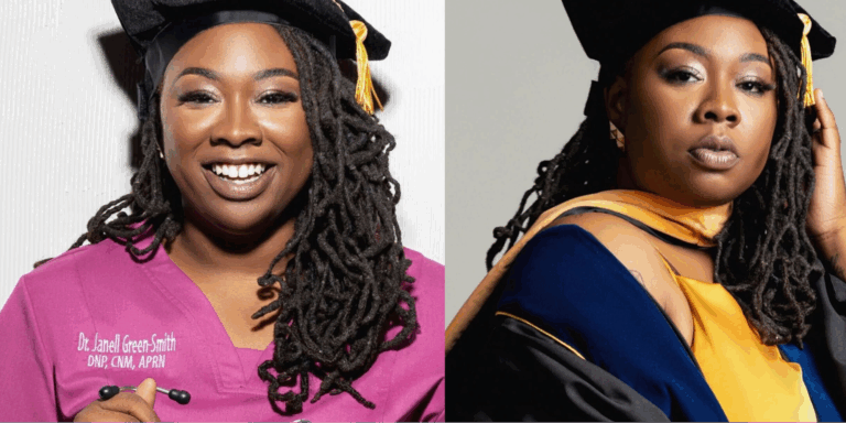 Two photos of Dr. Janell Green Smith, midwife and Black maternal health advocate, side-by-side wearing a black graduation cap and embroidered pink medical scrubs.