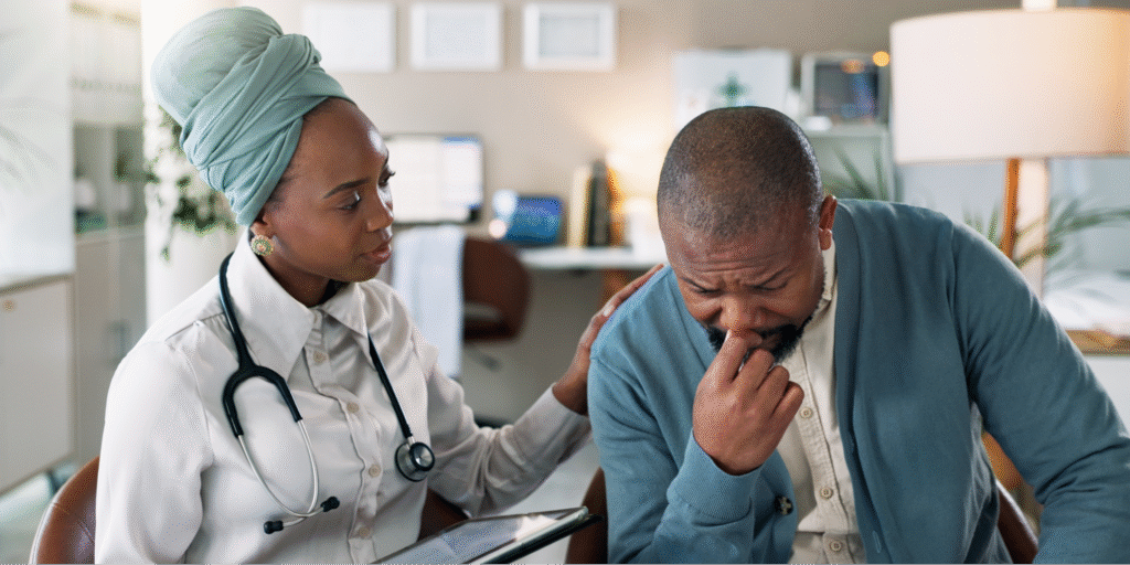 A Black man looking concerned while receiving news about needing prostate cancer surgery from a healthcare provider.