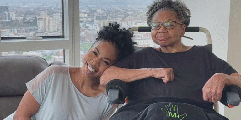 Actress and caregiver, Brandee Evans, smiling while leaning her head on her mother, Diana Harrington, who lives with multiple sclerosis and early-onset Alzheimer's.
