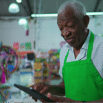 An older Black man in a green apron carefully reading a tablet to learn about the importance of low-cost insulin programs