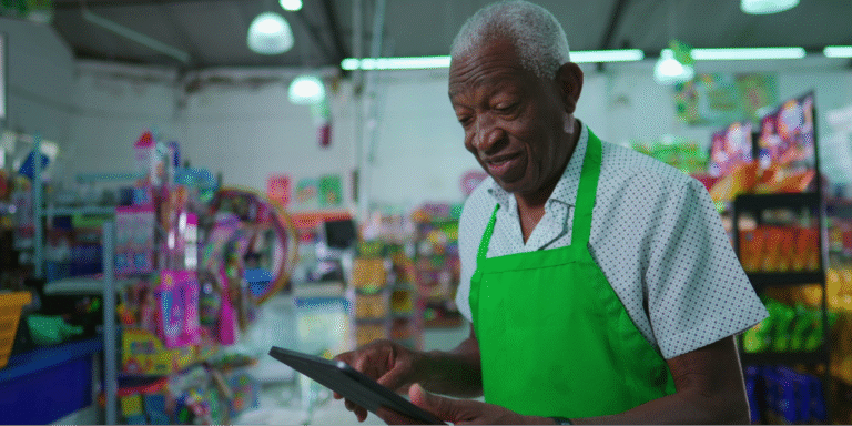 An older Black man in a green apron carefully reading a tablet to learn about the importance of low-cost insulin programs