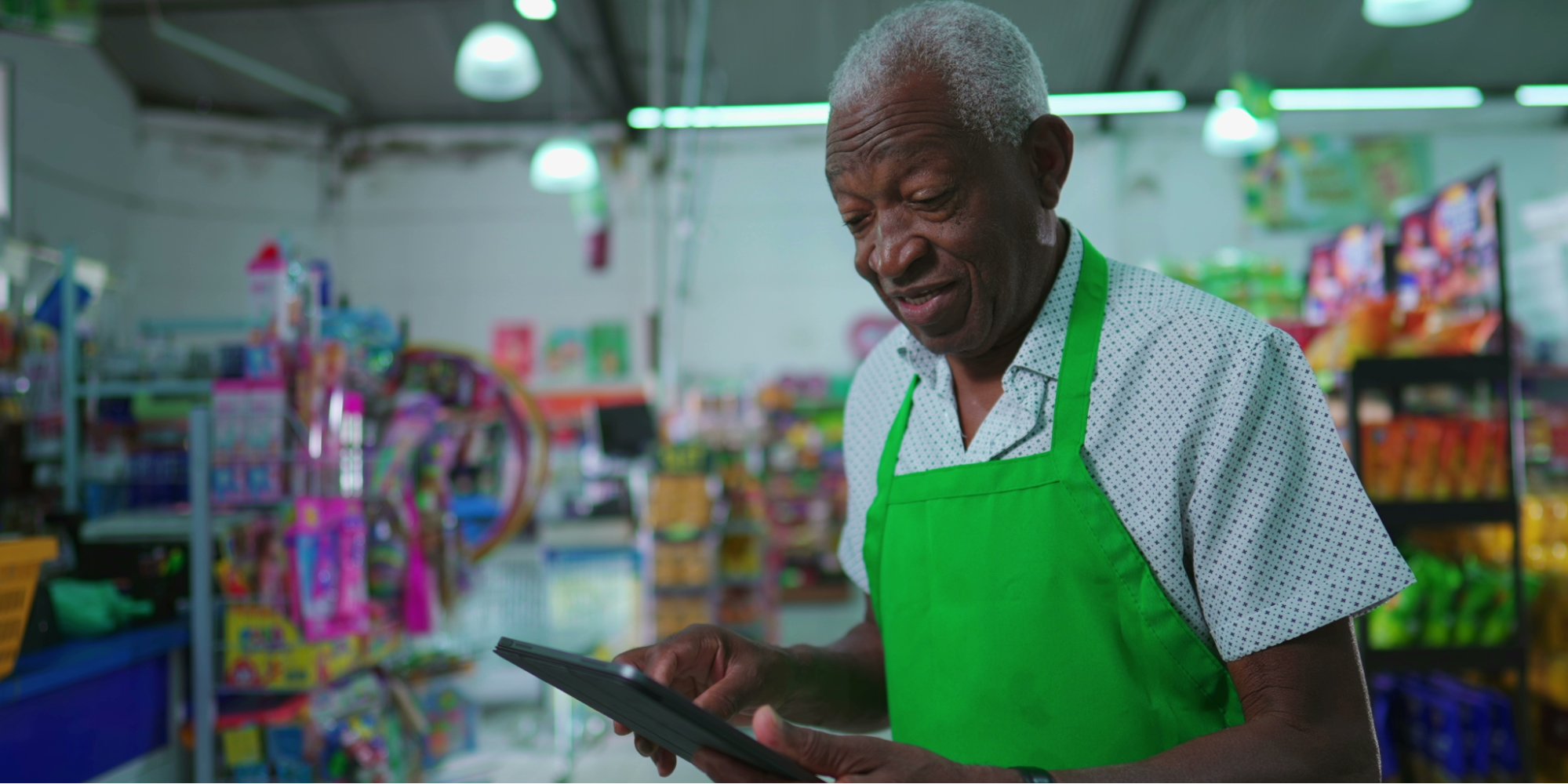 An older Black man in a green apron carefully reading a tablet to learn about the importance of low-cost insulin programs