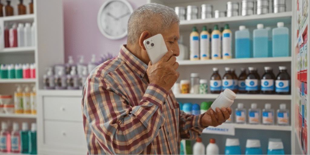 An older hispanic man standing in front of pharmacy shelves and consulting with someone via phone about Pharmacy Assistance Programs to get lower medication costs.