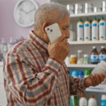 An older hispanic man standing in front of pharmacy shelves and consulting with someone via phone about Pharmacy Assistance Programs to get lower medication costs.