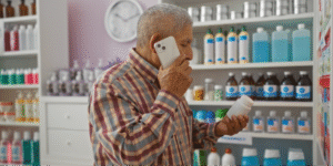 An older hispanic man standing in front of pharmacy shelves and consulting with someone via phone about Pharmacy Assistance Programs to get lower medication costs.