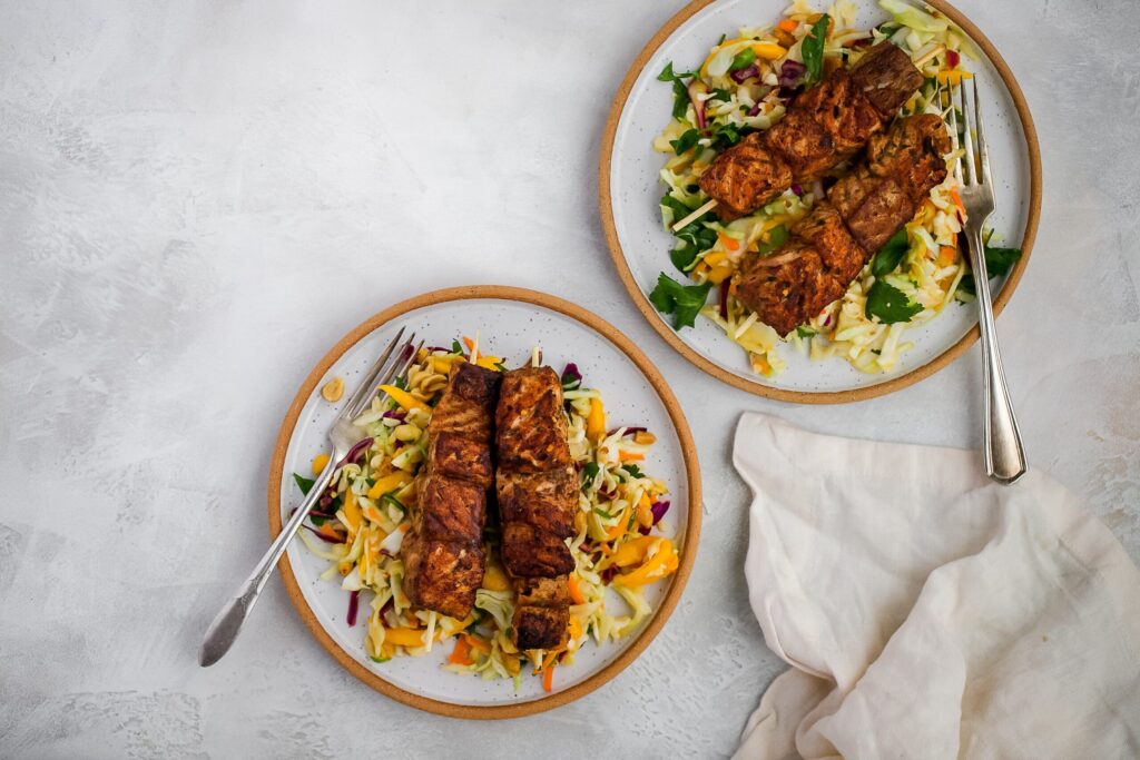 Jerk Salmon Skewers with Mango Salsa