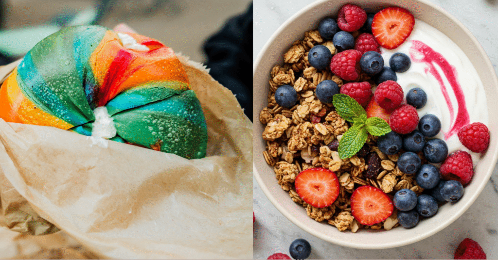 Rainbow bagel and açaí bowl side-by-side representing 2016 food trends that resemble 2026 food trends.