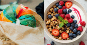 Rainbow bagel and a&ccedil;a&iacute; bowl side-by-side representing 2016 food trends that resemble 2026 food trends.