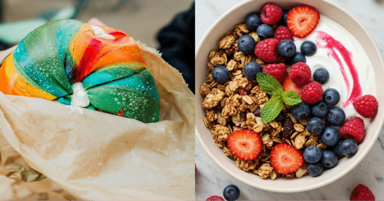 Rainbow bagel and açaí bowl side-by-side representing 2016 food trends that resemble 2026 food trends.