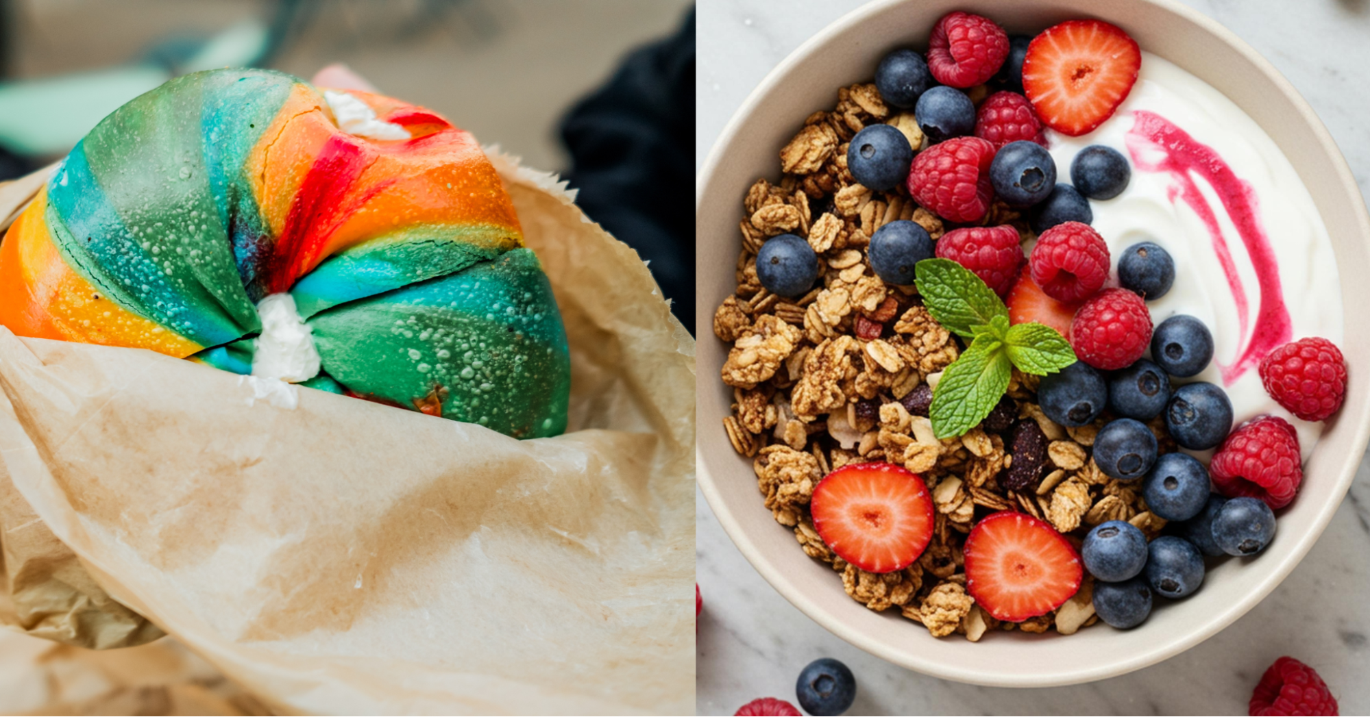 Rainbow bagel and açaí bowl side-by-side representing 2016 food trends that resemble 2026 food trends.