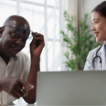 A smiling female Asian doctor in a white lab coat and stethoscope explaining colonoscopy prep information on a laptop screen to an older Black male patient. The patient lifts his glasses and points at the screen during the consultation.