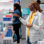 Young Black woman at the pharmacy, holding a shopping basket while looking for the best lotions for breast cancer care